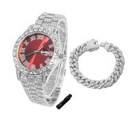HALUKAKAH Diamonds Watch Iced Out for Boy Teens Kids - Platinum Plated,42mm Red Dial,Japanese Quartz - 20cm Length - Comes with Cuban Chain 18cm,with Watch Adjuster Tool - for Birthday,Parties