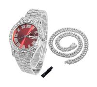 HALUKAKAH Diamonds Watch Iced Out for Boy Teens Kids - Platinum Plated,42mm Red Dial,Japanese Quartz - 20cm Length - Comes with Cuban Chain 40cm,with Watch Adjuster Tool - for Birthday,Parties