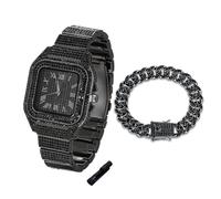 Halukakah Diamonds Watch Iced Out for Boy Teens Kids - Rhodium Black Plated,40mm Square Dial,Japanese Quartz - 20cm Length - Comes with Cuban Chain 18cm,with Watch Adjuster Tool - for Birthday,Parties