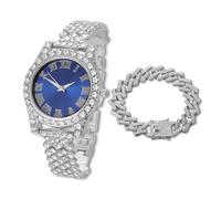 HALUKAKAH Diamonds Watch Iced Out for Boy Teens - Platinum Plated - 36mm Blue Dial - 20cm Length Adjustable Wristband - Comes with Cuban Chain 18cm, with Watch Adjuster Tool - Goldfoil Giftbox