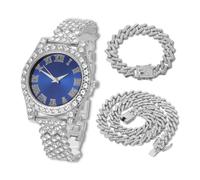 HALUKAKAH Diamonds Watch Iced Out for Boy Teens - Platinum Plated - 36mm Blue Dial - 20cm Length Adjustable Wristband - Comes with Cuban Chains 18+40cm, with Watch Adjuster Tool - Goldfoil Giftbox