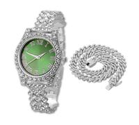 HALUKAKAH Diamonds Watch Iced Out for Boy Teens - Platinum Plated - 36mm Green Dial - 20cm Length Adjustable Wristband - Comes with Cuban Chain 40cm, with Watch Adjuster Tool - Goldfoil Giftbox