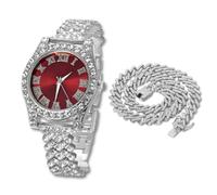 HALUKAKAH Diamonds Watch Iced Out for Boy Teens - Platinum Plated - 36mm Red Dial - 20cm Length Adjustable Wristband - Comes with Cuban Chain 40cm, with Watch Adjuster Tool - Goldfoil Giftbox