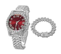 HALUKAKAH Diamonds Watch Iced Out for Boy Teens - Platinum Plated - 36mm Red Dial - 20cm Length Adjustable Wristband - Comes with Cuban Chain 18cm, with Watch Adjuster Tool - Goldfoil Giftbox