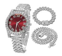 HALUKAKAH Diamonds Watch Iced Out for Boy Teens - Platinum Plated - 36mm Red Dial - 20cm Length Adjustable Wristband - Comes with Cuban Chains 18+40cm, with Watch Adjuster Tool - Goldfoil Giftbox