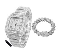 HALUKAKAH Diamonds Watch Iced Out for Boy Teens - Platinum Plated - 40mm Square Dial - 20cm Length - Comes with Cuban Chain 18cm, with Watch Adjuster Tool - Goldfoil Giftbox