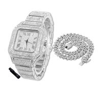 HALUKAKAH Diamonds Watch Iced Out for Boy Teens - Platinum Plated - 40mm Square Dial - 20cm Length - Comes with Cuban Chain 40cm, with Watch Adjuster Tool - Goldfoil Giftbox