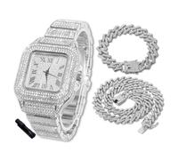 HALUKAKAH Diamonds Watch Iced Out for Boy Teens - Platinum Plated - 40mm Square Dial - 20cm Length - Comes with Cuban Chains 18+40cm, with Watch Adjuster Tool - Goldfoil Giftbox