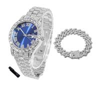 HALUKAKAH Diamonds Watch Iced Out for Boy Teens - Platinum Plated - 42mm Blue Dial - 20cm Length - Comes with Cuban Chain 18cm, with Watch Adjuster Tool - Goldfoil Giftbox