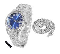 HALUKAKAH Diamonds Watch Iced Out for Boy Teens - Platinum Plated - 42mm Blue Dial - 20cm Length - Comes with Cuban Chain 40cm, with Watch Adjuster Tool - Goldfoil Giftbox