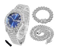 HALUKAKAH Diamonds Watch Iced Out for Boy Teens - Platinum Plated - 42mm Blue Dial - 20cm Length - Comes with Cuban Chains 18+40cm, with Watch Adjuster Tool - Goldfoil Giftbox