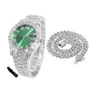 HALUKAKAH Diamonds Watch Iced Out for Boy Teens - Platinum Plated - 42mm Green Dial - 20cm Length - Comes with Cuban Chain 40cm, with Watch Adjuster Tool - Goldfoil Giftbox