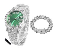 HALUKAKAH Diamonds Watch Iced Out for Boy Teens - Platinum Plated - 42mm Green Dial - 20cm Length - Comes with Cuban Chain 18cm, with Watch Adjuster Tool - Goldfoil Giftbox