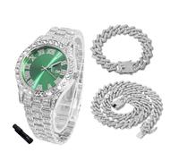 HALUKAKAH Diamonds Watch Iced Out for Boy Teens - Platinum Plated - 42mm Green Dial - 20cm Length - Comes with Cuban Chains 18+40cm, with Watch Adjuster Tool - Goldfoil Giftbox