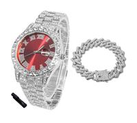 HALUKAKAH Diamonds Watch Iced Out for Boy Teens - Platinum Plated - 42mm Red Dial - 20cm Length - Comes with Cuban Chain 18cm, with Watch Adjuster Tool - Goldfoil Giftbox