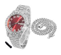 HALUKAKAH Diamonds Watch Iced Out for Boy Teens - Platinum Plated - 42mm Red Dial - 20cm Length - Comes with Cuban Chain 40cm, with Watch Adjuster Tool - Goldfoil Giftbox