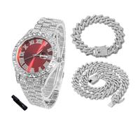 HALUKAKAH Diamonds Watch Iced Out for Boy Teens - Platinum Plated - 42mm Red Dial - 20cm Length - Comes with Cuban Chains 18+40cm, with Watch Adjuster Tool - Goldfoil Giftbox