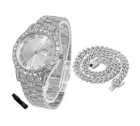 HALUKAKAH Diamonds Watch Iced Out for Boy Teens - Platinum Plated - 42mm Round Dial - 20cm Length - Comes with Cuban Chain 40cm, with Watch Adjuster Tool - Goldfoil Giftbox