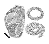 HALUKAKAH Diamonds Watch Iced Out for Boy Teens - Platinum Plated - 42mm Round Dial - 20cm Length - Comes with Cuban Chains 18+40cm, with Watch Adjuster Tool - Goldfoil Giftbox