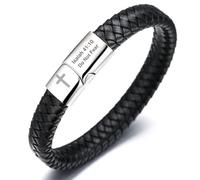 HALUKAKAH Faithful Strength Men's Leather Bracelet - 21.5cm Classic Black Leather with Titanium Steel Magnetic Clasp,Engraved Isaiah 41:10 Do Not Fear & Cross.Religious Gift for Him