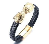HALUKAKAH Gold Bracelet for Men, Solid 24k Gold Plated Titanium Steel Double Leopard Head Wild Animal Viking Handmade Leather Bracelet Magnetic Clasp 21.5cm, Free Giftbox