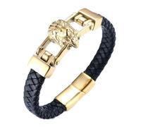 HALUKAKAH Gold Bracelet for Men, Solid 24k Gold Plated Titanium Steel Lion Head Hollow Design Wild Animal Viking Handmade Leather Bracelet Magnetic Clasp 21.5cm, Free Giftbox