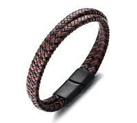 HALUKAKAH ● Golf ● Men's Genuine Black Mix Brown Braided Leather Double Wrap Bracelet Black Titanium Magnetic Clasp 21.5cm with Free Giftbox