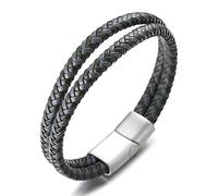 HALUKAKAH ● Golf ● Men's Genuine Grey Mix Black Braided Leather Double Wrap Bracelet Silver Titanium Magnetic Clasp 21.5cm with Free Giftbox