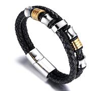 HALUKAKAH ● Honour ● Men's Genuine Leather Bracelet with Titanium Beads Golden & Silver 8.46"(21.5cm) with FREE Giftbox