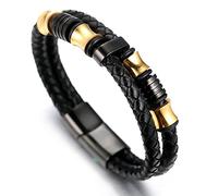HALUKAKAH ● Honour ● Men's Genuine Leather Bracelet with Titanium Beads Gun Black & Golden 8.46"(21.5cm) with Free Giftbox