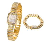 Halukakah Kids' Diamond Watch Sparkling Starry: 18k Real Gold Plated,Elegant & Casual Rectangle Dial,Full of Diamonds,Stainless Steel Band Quartz Watch,with Cuban Chain 18cm,Present for Boys and Girls