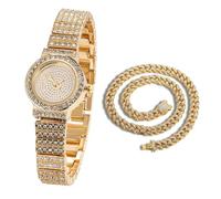HALUKAKAH Kids' Diamond Watch Sparkling Starry: 18k Real Gold Plated,Elegant & Casual Round Dial,Full of Diamonds,Stainless Steel Band Quartz Watch,with Cuban Chain 40cm,Present for Boys and Girls