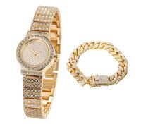 HALUKAKAH Kids' Diamond Watch Sparkling Starry: 18k Real Gold Plated,Elegant & Casual Round Dial,Full of Diamonds,Stainless Steel Band Quartz Watch,with Cuban Chain 18cm,Present for Boys and Girls