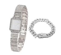 HALUKAKAH Kids' Diamond Watch Sparkling Starry: Platinum Plated,Elegant & Casual Rectangle Dial,Full of Diamonds,Stainless Steel Band Quartz Watch,with Cuban Chain 18cm,Present for Boys and Girls