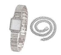 HALUKAKAH Kids' Diamond Watch Sparkling Starry: Platinum Plated,Elegant & Casual Rectangle Dial,Full of Diamonds,Stainless Steel Band Quartz Watch,with Cuban Chain 40cm,Present for Boys and Girls
