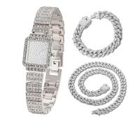 HALUKAKAH Kids' Diamond Watch Sparkling Starry: Platinum Plated,Elegant & Casual Rectangle Dial,Full of Diamonds,Stainless Steel Band Quartz Watch,with Cuban Chains 18+40cm,Present for Boys and Girls