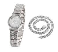 HALUKAKAH Kids' Diamond Watch Sparkling Starry: Platinum Plated,Elegant & Casual Round Dial,Full of Diamonds,Stainless Steel Band Quartz Watch,with Cuban Chain 40cm,Present for Boys and Girls