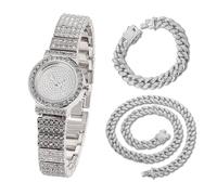 HALUKAKAH Kids' Diamond Watch Sparkling Starry: Platinum Plated,Elegant & Casual Round Dial,Full of Diamonds,Stainless Steel Band Quartz Watch,with Cuban Chains 18+40cm,Present for Boys and Girls