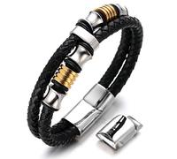 HALUKAKAH Kids ● Honour Junior ● Boy's Genuine Leather Bracelet 6-12 Y/O. with Titanium Beads Silver & Golden Magentic Clasp 7-8"/18-19.5cm with Free Giftbox
