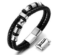 HALUKAKAH Kids ● Honour Junior ● Boy's Genuine Leather Bracelet 6-12 Y/O. with Titanium Beads Silver Magentic Clasp 7-8"/18-19.5cm with Free Giftbox