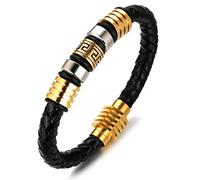 HALUKAKAH Kids ● Honour Junior ● Boy's Genuine Leather Handmade Bracelet 6-12 Y/O. Braid Brick Pattern Golden Titanium Magnetic Clasp 7"/18cm with Free Giftbox