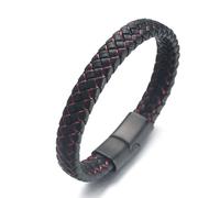 HALUKAKAH Kids ● Jazz Junior ● Boy's Genuine Leather Handmade Braid Black Mix Blue/Red/Green Bracelet 6-12 Y/O. Titanium Magnetic Frosted Clasp Size Adjustable 18-19.5cm with Giftbox