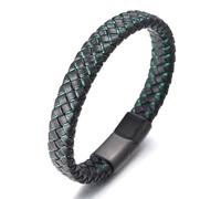 HALUKAKAH Kids ● Jazz Junior ● Boy's Genuine Leather Handmade Braid Black Mix Green Bracelet 6-12 Y/O. Titanium Magnetic Frosted Clasp 18cm with Free Giftbox