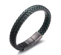 HALUKAKAH Kids ● Jazz Junior ● Boy's Genuine Leather Handmade Braid Black Mix Green Bracelet 6-12 Y/O. Titanium Magnetic Frosted Clasp Size Adjustable 18-19.5cm with Free Giftbox