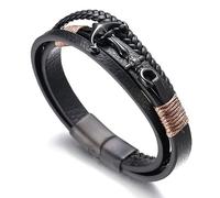 HALUKAKAH Kids ● SAIL Junior ● Boy's Genuine Leather Handmade Braid Anchor Bracelet 13-16 Y/O. Titanium Matt Black Magnetic Clasp 18cm with Free Giftbox