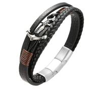 HALUKAKAH Kids ● SAIL Junior ● Plus Boy's Genuine Leather Handmade Braid Anchor Bracelet 13-16 Y/O. Titanium Matt Silver Magnetic Clasp Size Adjustable 18-19.5cm with Free Giftbox