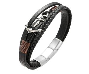 HALUKAKAH Kids ● SAIL Junior ● Plus Boy's Genuine Leather Handmade Braid Anchor Bracelet 13-16 Y/O. Titanium Matt Silver Magnetic Clasp Size Adjustable 18-19.5cm with Free Giftbox