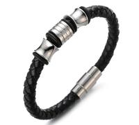 HALUKAKAH Kids ● Solo Junior ● Boy's Genuine Leather Bracelet Black 6-12 Y/O. Titanium Silver Beads Magnetic Clasp 7"/18cm with Free Giftbox