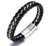 HALUKAKAH Kids ● Solo Junior ● Boy's Genuine Leather Bracelet Black 6-12 Y/O. Titanium Silver Chain Magnetic Clasp 7"/18cm with Free Giftbox