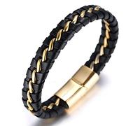 HALUKAKAH Kids ● Solo Junior ● Boy's Genuine Leather Bracelet Black 6-12 Y/O. Titanium Silver Chain Magnetic Clasp 7"/18cm with Free Giftbox